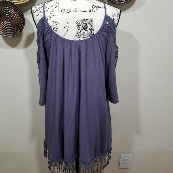 Strappy Midi Boho  Dress with Shoulders Down, Very Light Dark Blue Color, SIZE L - Picture 9 of 17